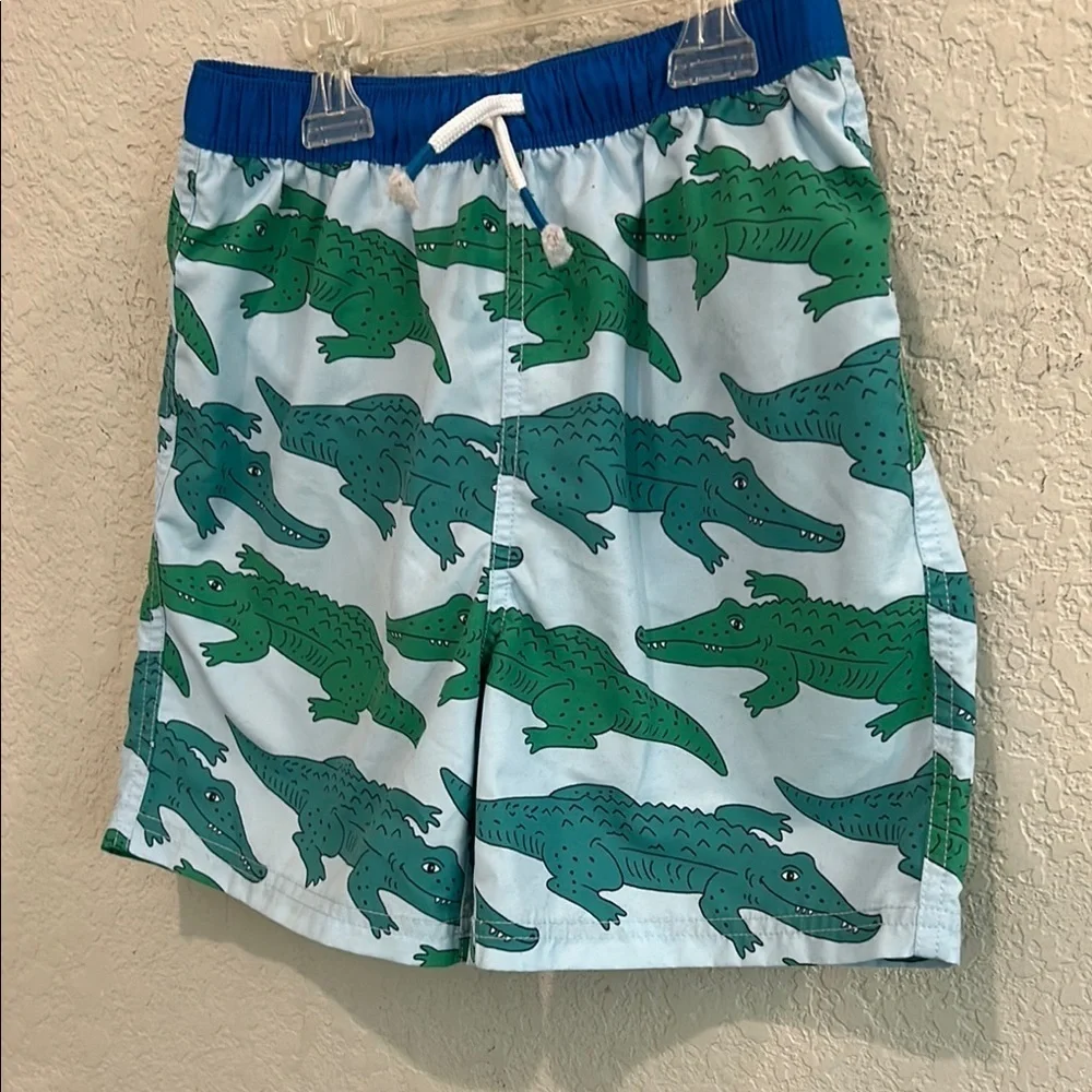Mini BodenKids Swim Trunks with Green Alligator Print 8-9y